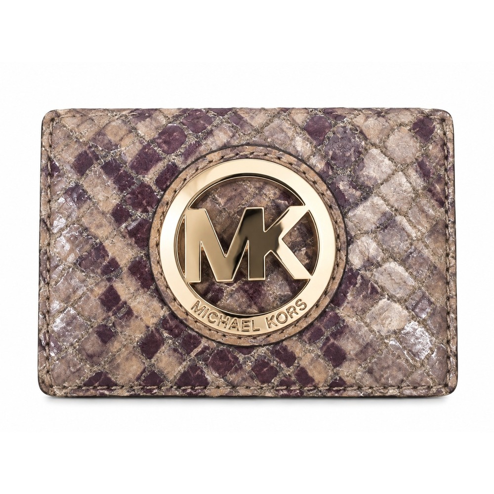 Michael Kors Snakeskin Embossed Card Holder Purple Gold MK Logo Wallet
